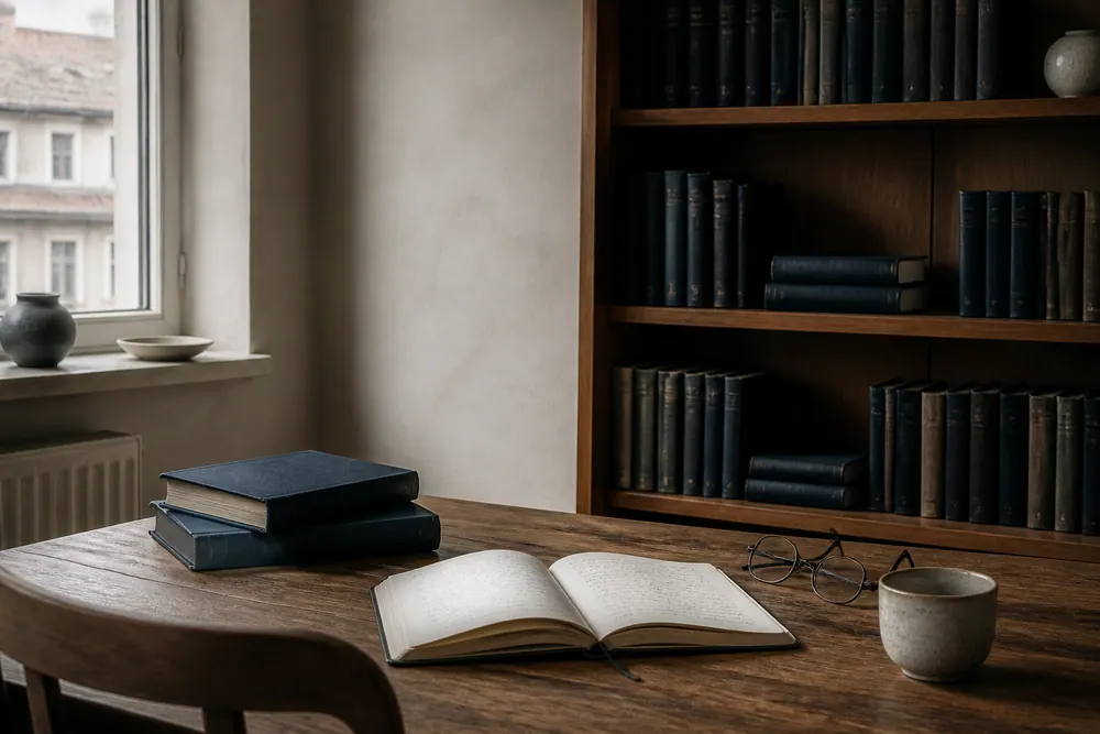 Bøker og arbeidsmateriell i et rolig studierom